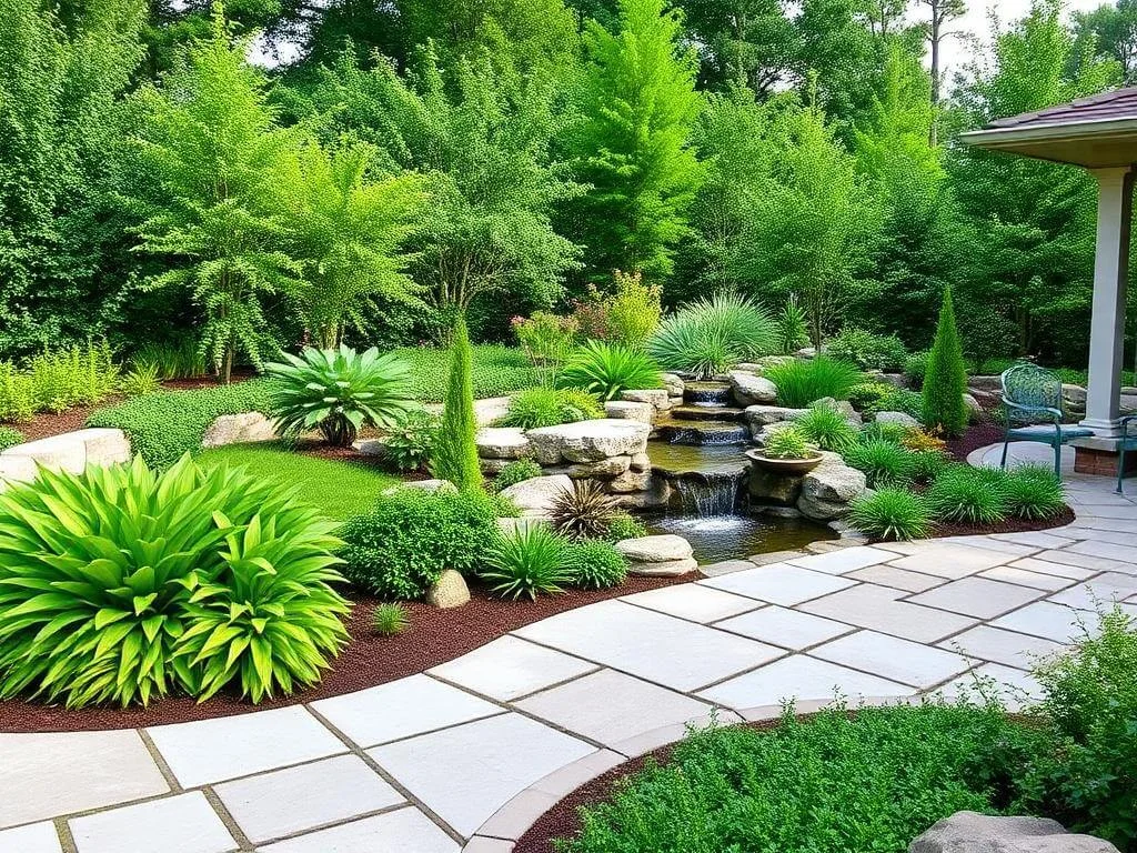 Beautifully landscaped outdoor space with water features and lush plants.