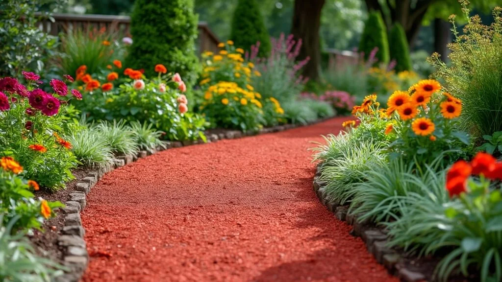 Red mulch landscaping in a garden with flowers, trees, and pathways