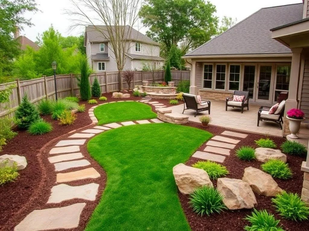 Hardscaped backyard with stone pathways and patio