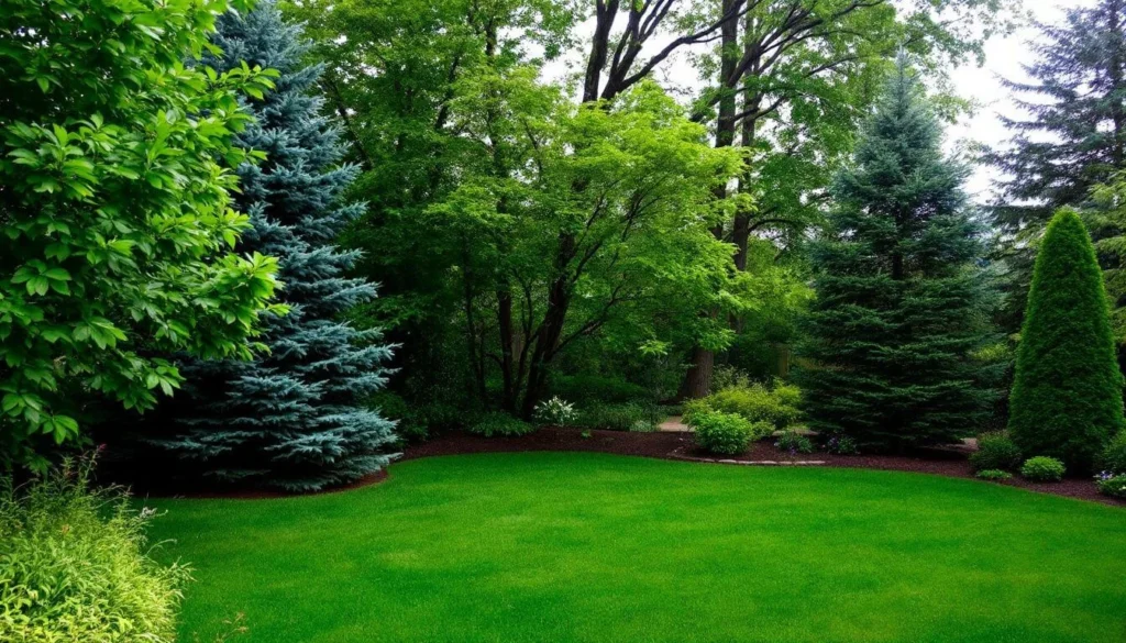 Beautiful backyard with landscaping trees