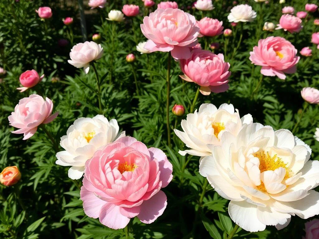 A lush garden showcasing peony landscape uses with vibrant pink, white, and coral blooms.