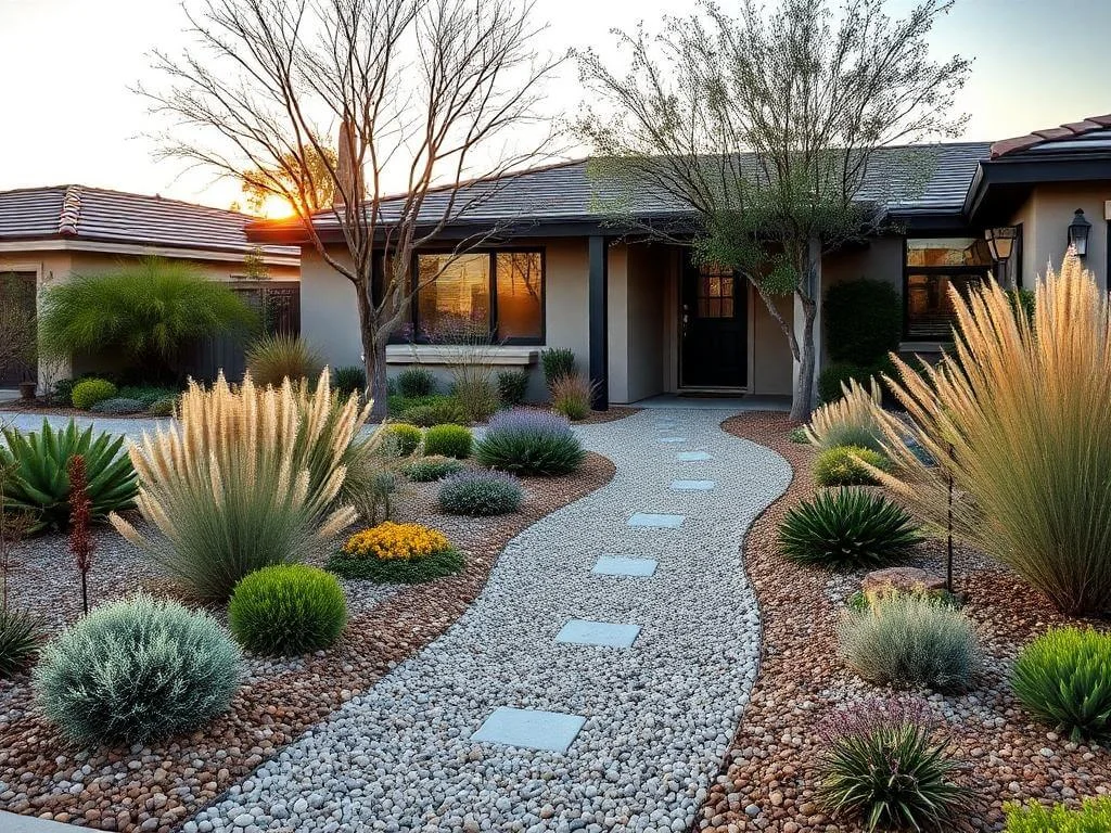 A modern low-maintenance front yard landscape.