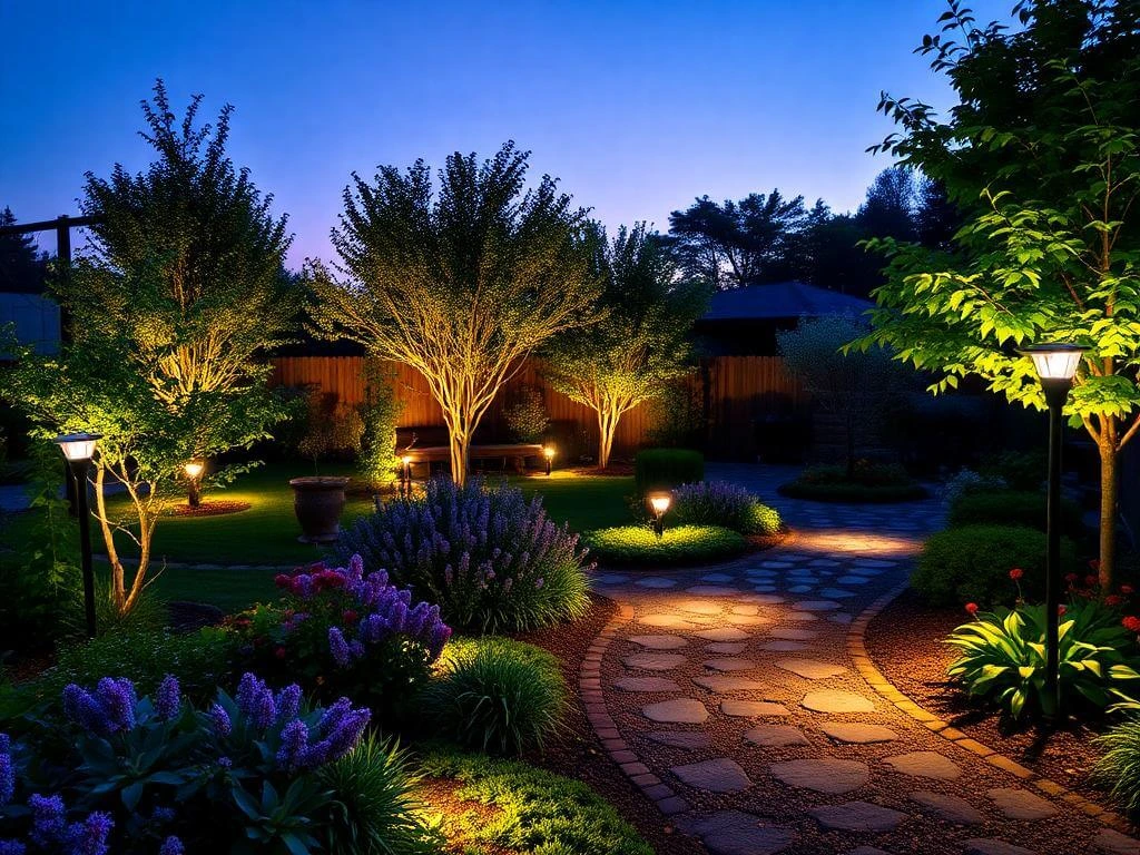 Solar landscape lighting illuminating garden pathways and trees at dusk