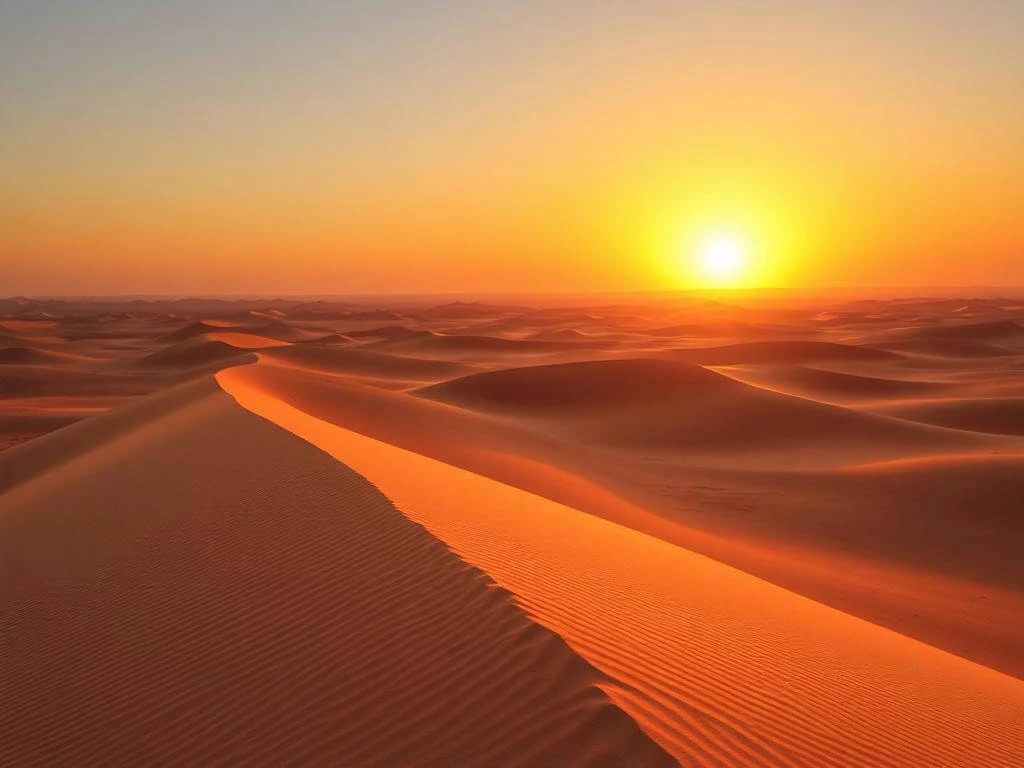 "Desert landscape with sand dunes at sunset"