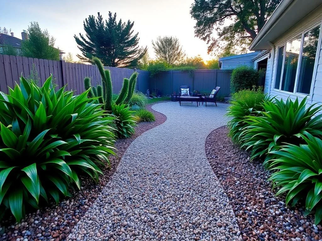 A backyard pathway made of pea gravel surrounded by plants and seating under soft sunset lighting.