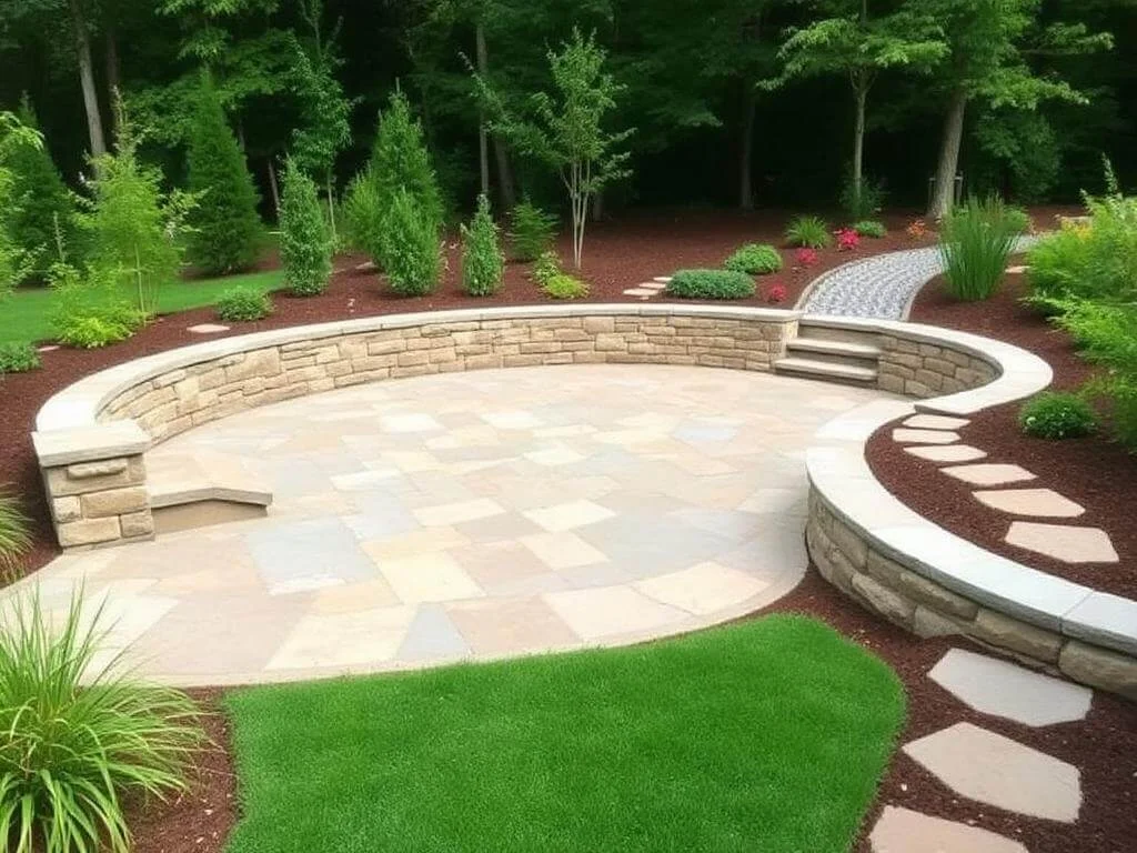 Hardscaping design with patio, pathway, and retaining wall in a backyard