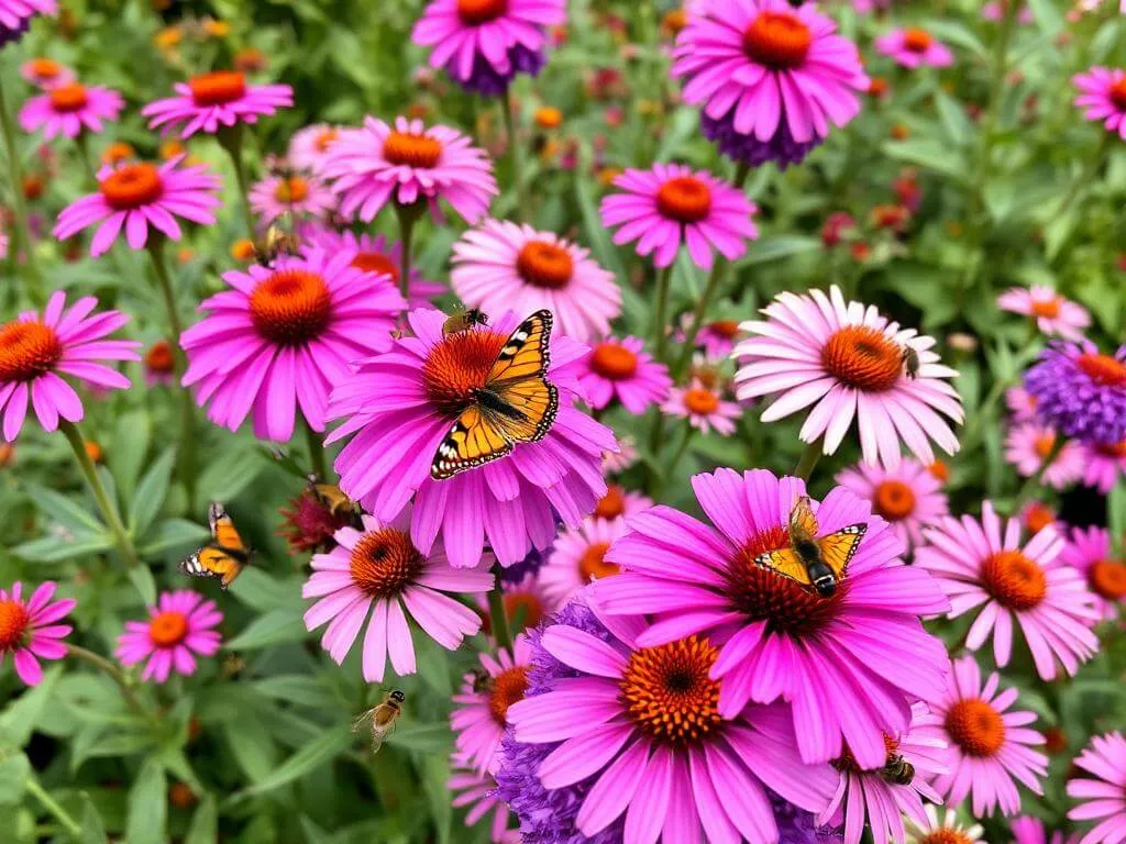 Butterfly bush blooming with butterflies in a garden.