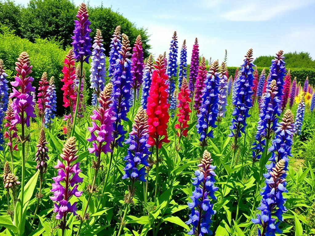 A vibrant garden featuring salvia landscape uses with colorful flowers and greenery.