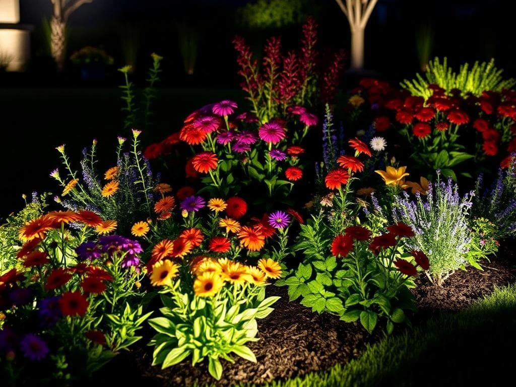 Garden bed illuminated by low voltage lighting	