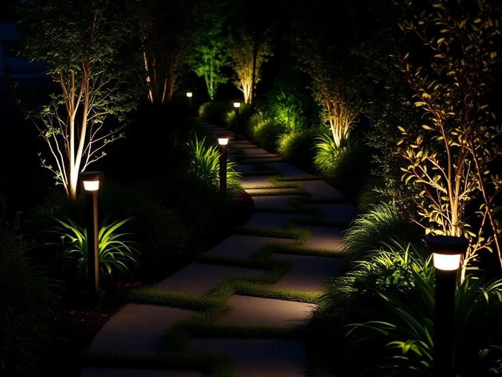 Garden pathway with low voltage lights