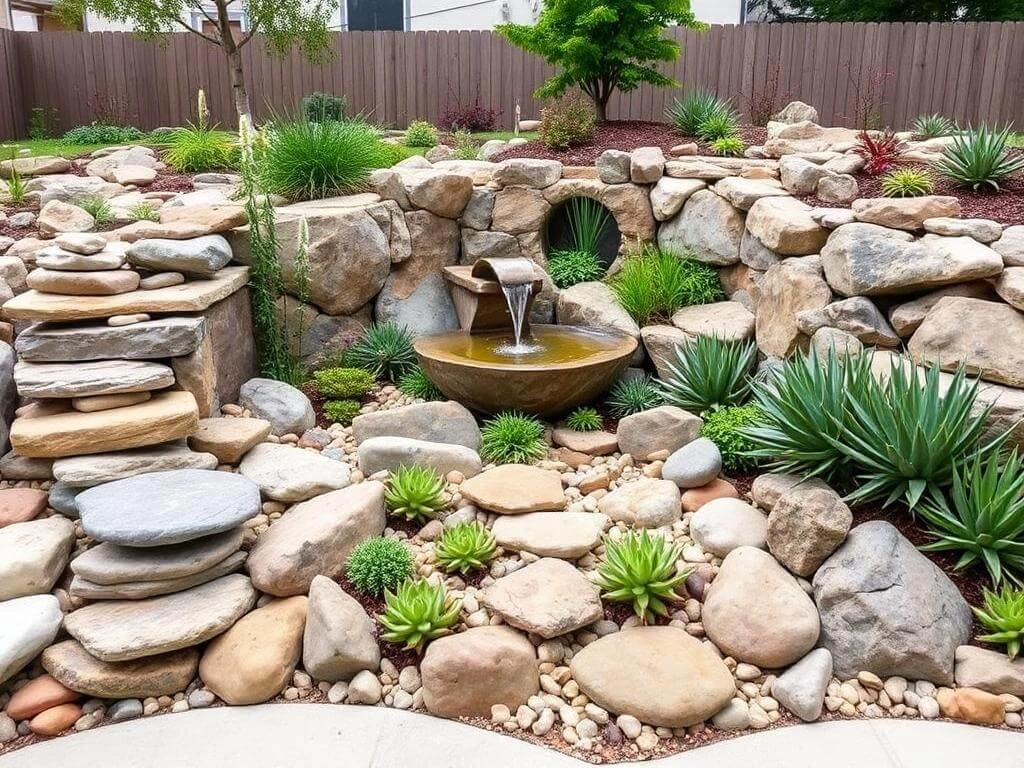 Modern rock garden with succulents and fountain