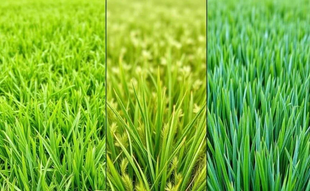 Comparison of Bermuda grass, Fescue, and Kentucky Bluegrass, labeled to show their distinct textures and colors.	