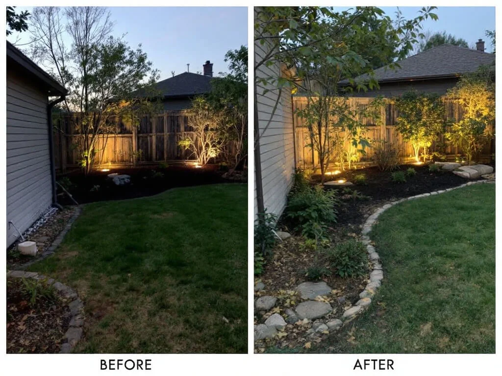 Comparison of backyard before and after installing landscaping lighting