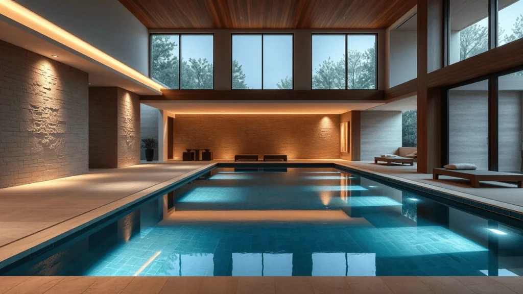 Elegant indoor pool design with natural light and modern decor.