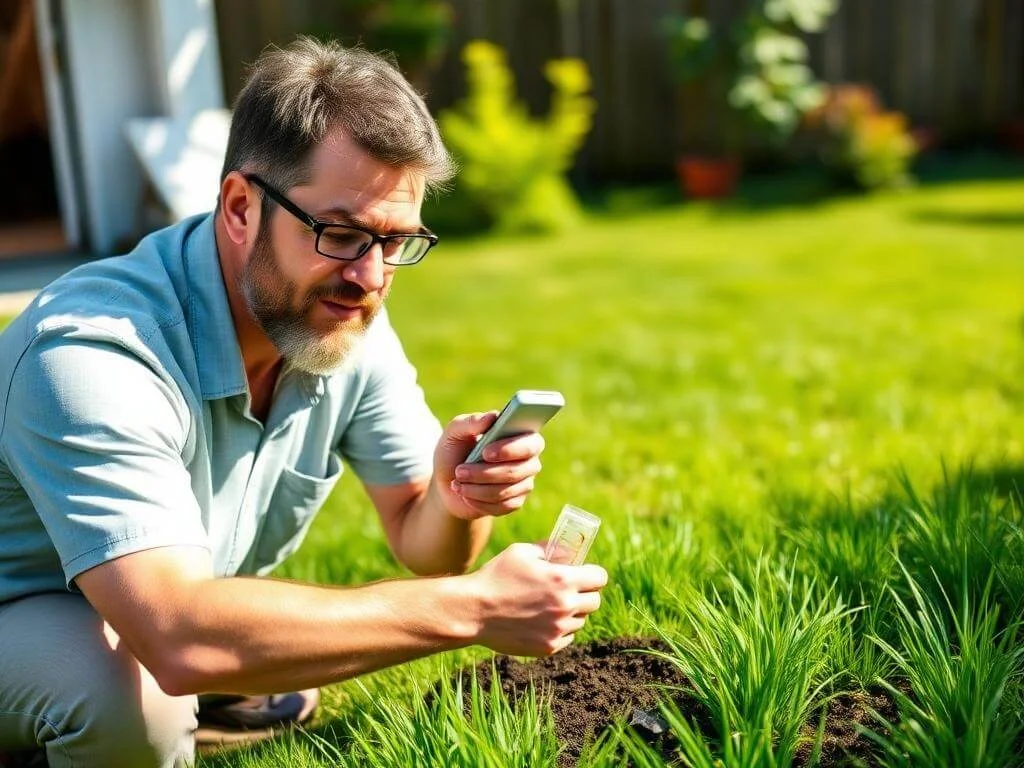 Gardener using a soil testing kit in a sunlit backyard to determine suitable grass type.	