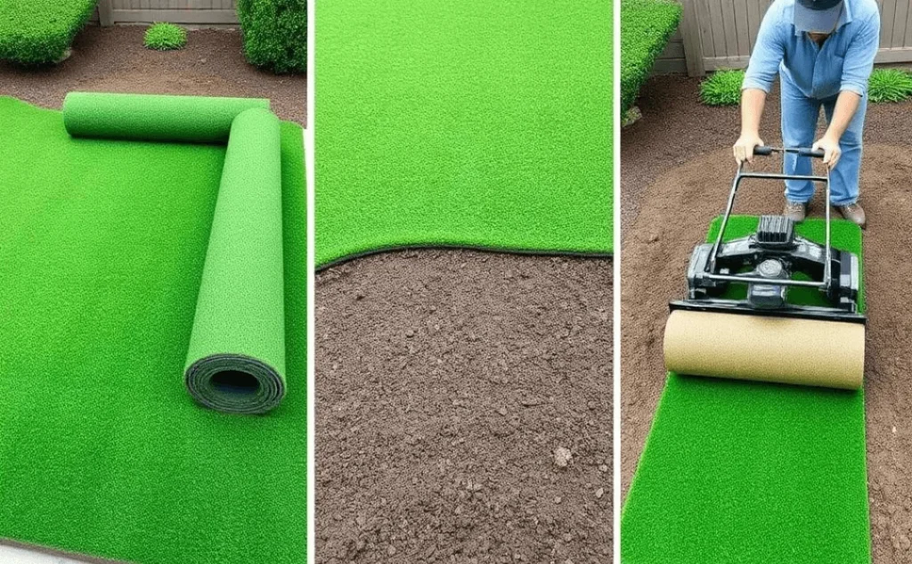 Sequence of steps in sod installation: laying, cutting, and rolling.	