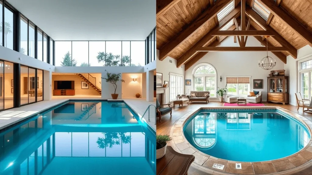 Split-screen comparison of a new custom-built indoor pool home and an older home with an indoor pool.