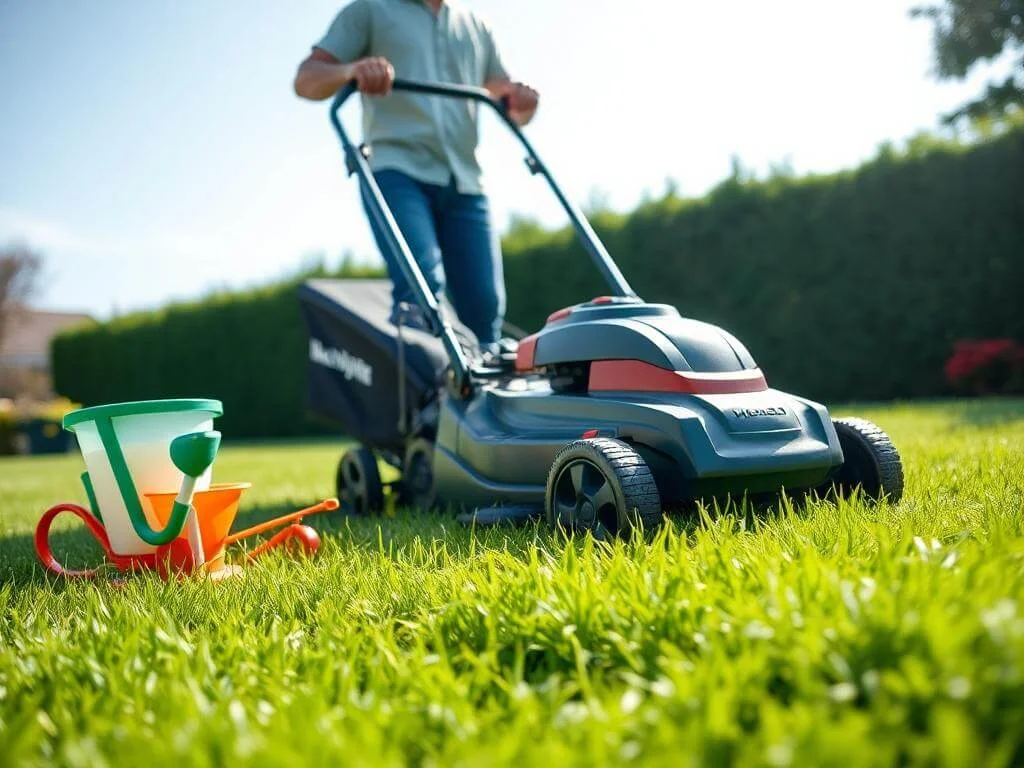 Individual mowing a healthy lawn with maintenance tools like a fertilizer spreader and watering can in view.	