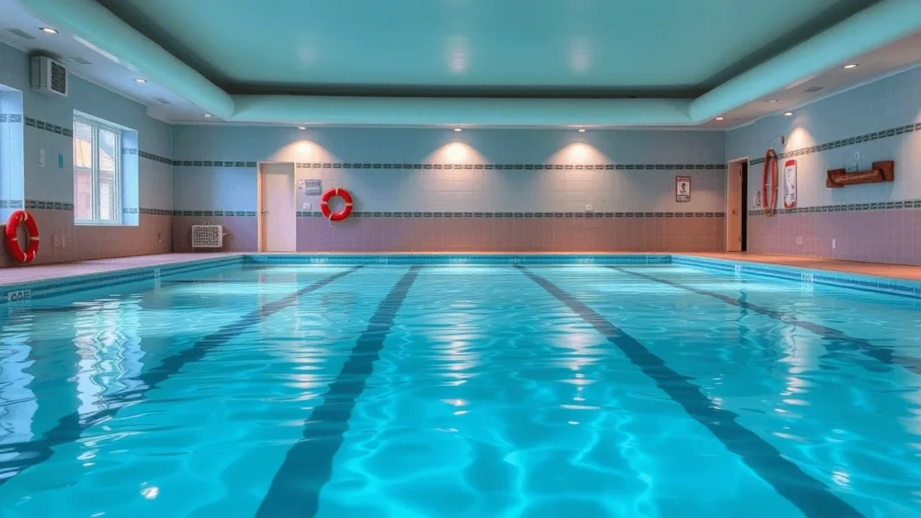 Clean and safe indoor pool with maintenance equipment.