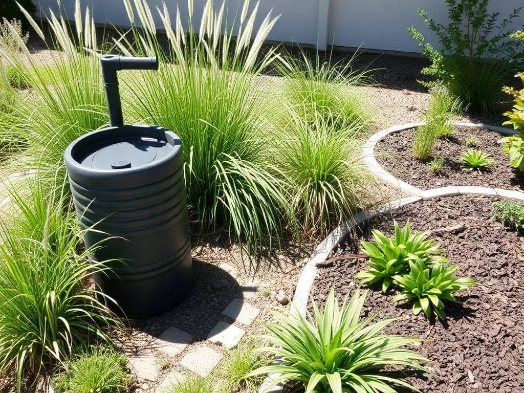 Eco-friendly yard showcasing native grasses, a rain barrel, and mulched beds for sustainable landscaping.	