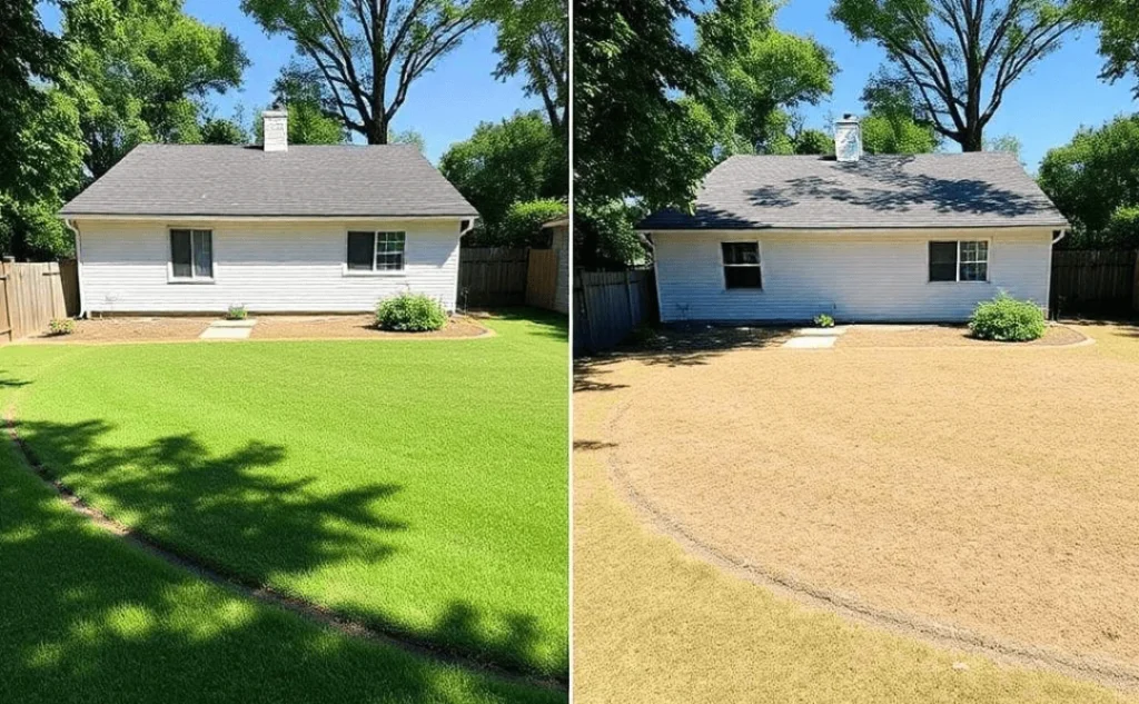 Before and after comparison of a yard with and without sod.	