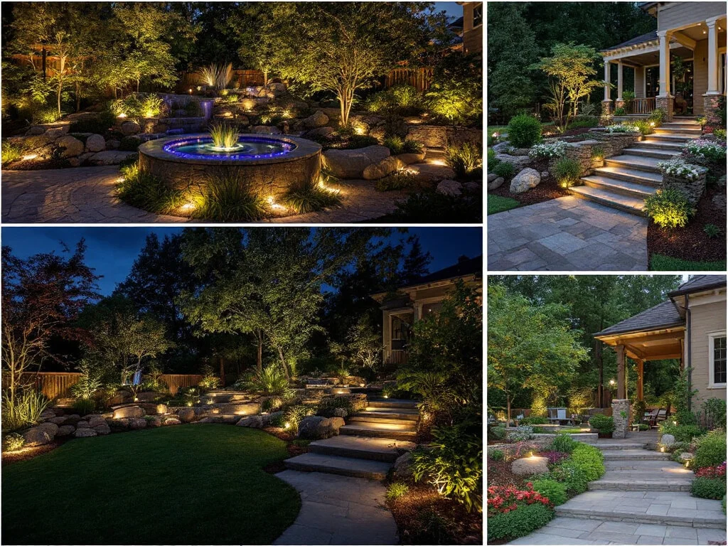 Collage of modern trends in landscaping lighting