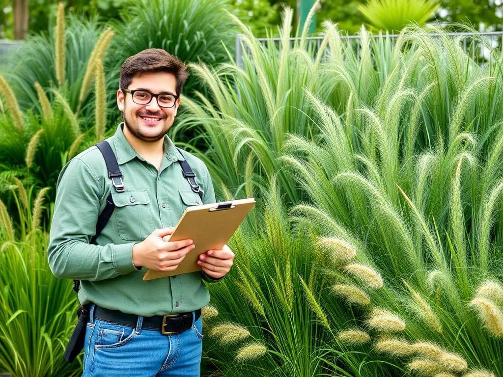 Gardener with a clipboard standing next to various grass samples, prepared to provide information.	