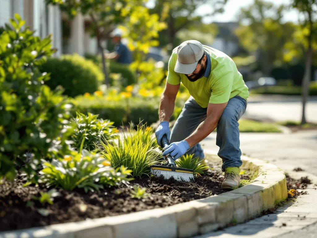 Gardener maintaining a corner lot landscape