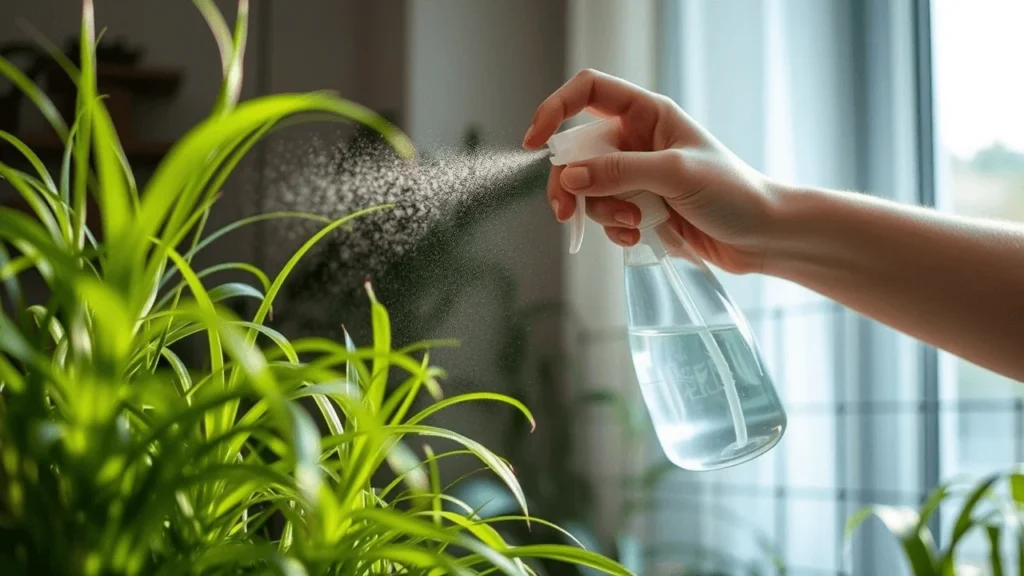 Person caring for air plants with a spray bottle