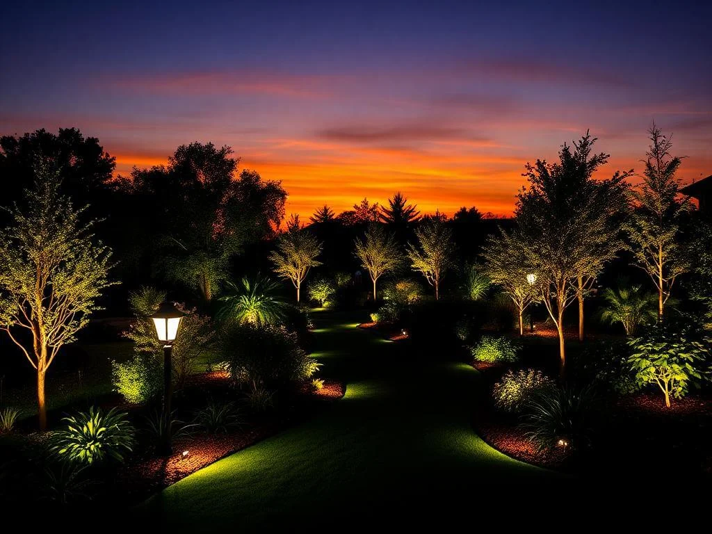 Nighttime garden illuminated with diverse landscaping lighting techniques