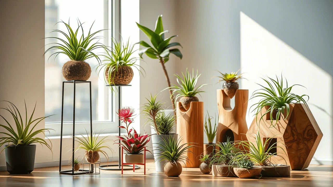 Assorted air plants in a creative indoor setting