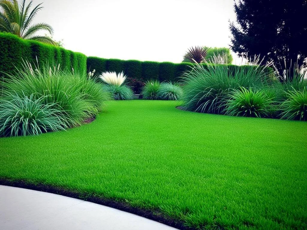 A well-manicured lawn showcasing a mix of ornamental and turf grasses under a clear sky.