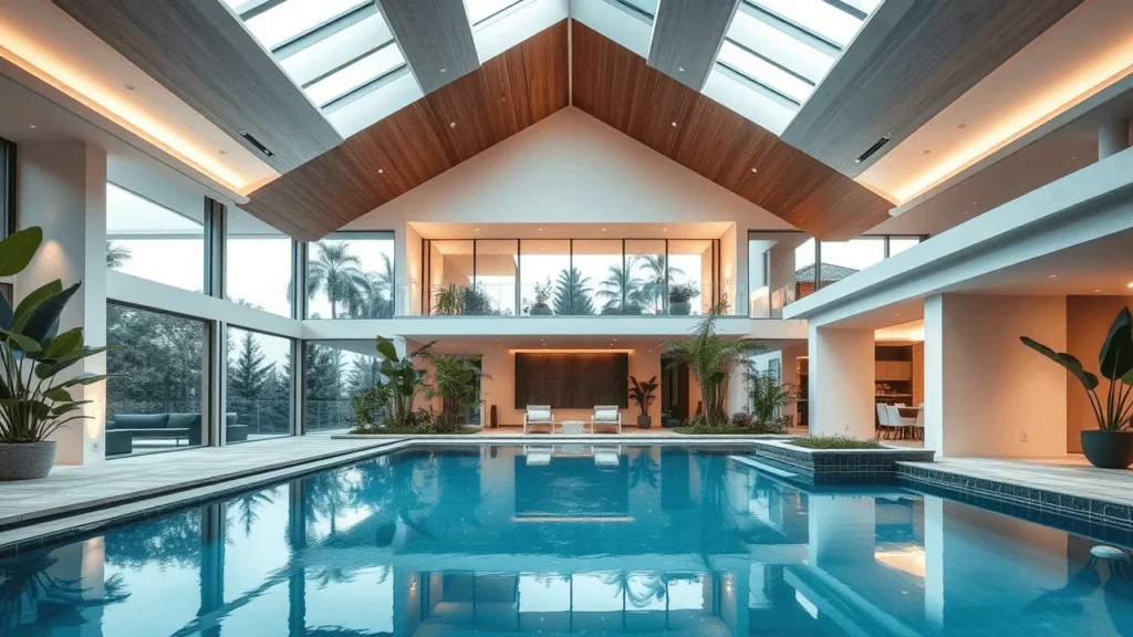 Modern luxury house with an indoor pool, showcasing sleek architecture and ambient lighting.