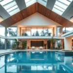 Modern luxury house with an indoor pool, showcasing sleek architecture and ambient lighting.